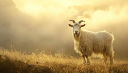 Obraz premium Fluffy white goat stands majestically in golden sunlight on a grassy meadow with a dreamy foggy background