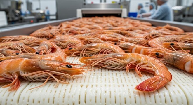 A bustling seafood processing factory line filled with fresh cooked shrimps moving along a conveyor belt, representing mass production.