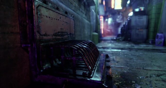 A narrow alleyway filled with reflections from neon signs, showcasing urban decay. Trash bins are visible along the walls, emphasizing the contrast between light and darkness.