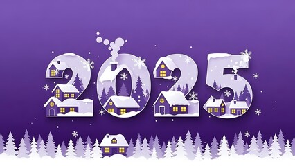 Naklejka premium Digit-shaped houses and snowy landscape, forming the year 2025 on a purple background