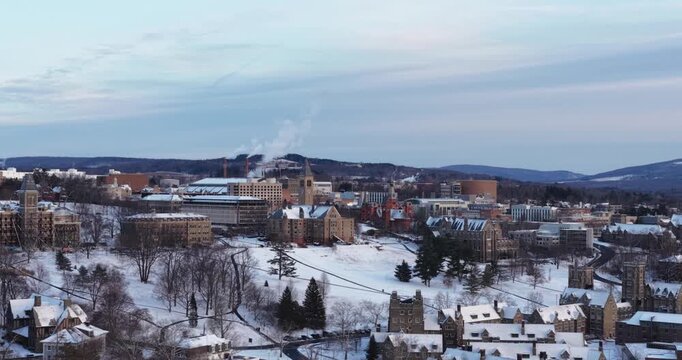 Ithaca, NY, USA - January 24, 2026 Winter aerial video of Cornell University, Ithaca, NY with snow on the ground.
