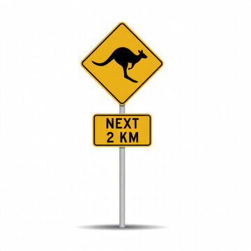 Kangaroo road warning sign with jumping kangaroo silhouette, yellow diamond board, next 2 km plate, metal pole, traffic symbol. Kangaroo crossing sign, cartoon vector illustration