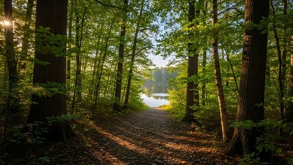Obraz premium Sunlit path through a lush forest leads to serene lake under a clear, bright sky