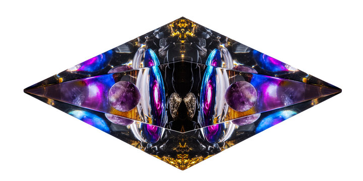 Cosmic Nebula Hexagonal Orgone Pyramid, Obsidian Fragments and Amethyst Spheres