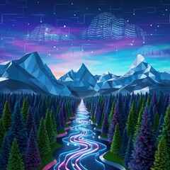 Digital River Through Forest Landscape with Mountains and Cityscape.