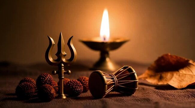 Hindu Shiva ritual symbols with trishul and damaru, glowing oil lamps during sacred prayer ceremony, spiritual worship scene with warm candlelight and traditional religious objects