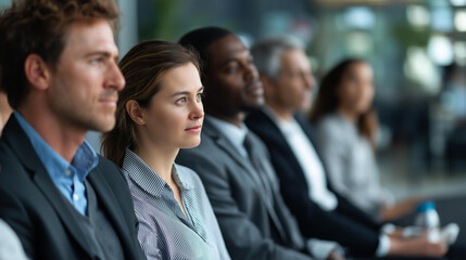 Obraz premium Group of businesspeople attending conference, diverse men and women attending conference in convention center, professional event gathering, seminar participants, faceless