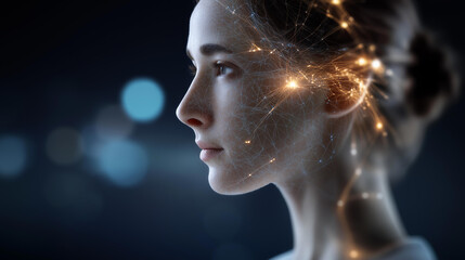Obraz premium Profile view of woman with glowing lines and particles, digital portrait visualization, luminous female silhouette, technological beauty concept, futuristic profile display,