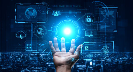 A futuristic command center interface for managing a global technology platform. The dashboard includes data security, network administration, and biometric user authentication. Fermion