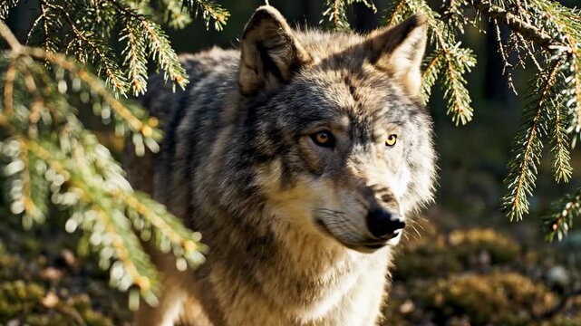 wolf eye colors - A close-up view of a wolf in a lush forest, capturing its intense gaze as it navigates through greenery, showcasing its majestic fur and natural habitat
