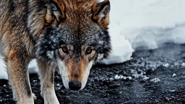 wolf eye colors - A close-up of a majestic wolf standing on a snowy terrain, its fur glistening with frost, as it gazes intently at something on the ground, showcasing its keen senses