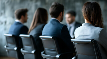 Obraz premium Back view of business people sitting in office chairs, looking at empty blank concrete wall with copyspace, rear perspective meeting, presentation setup, faceless professionals