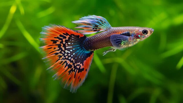 Vibrant Guppy Fish with Iridescent Scales Swimming in Green Water Tank Detail Close-up