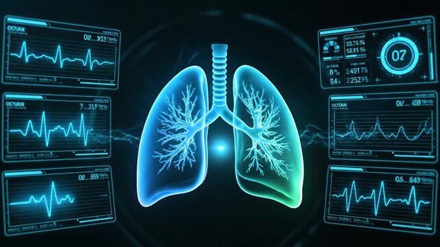 Futuristic health data screens display lung functions and vital metrics. The animation highlights the interaction of the lungs with health information in a digital world