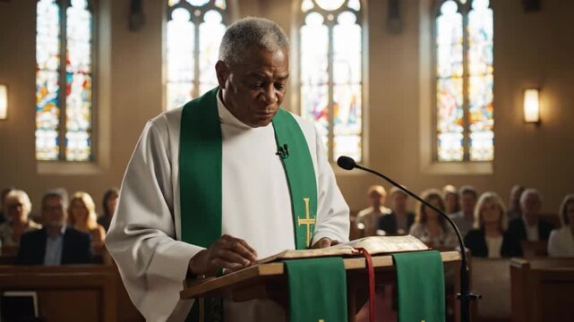 Priest reads scripture in church during Sunday service in the morning