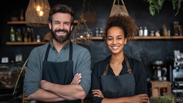 Smiling partners in aprons present their small business in a lively craft cafe setting with aromatic coffee and locally sourced products