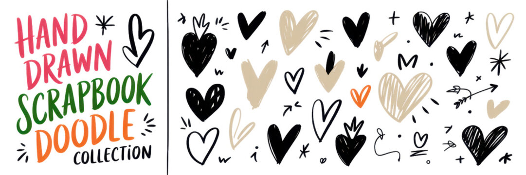 ketch craft scrapbook hearts, crowns and star stickers. Hand drawn Valentine's day doodle collage sticker collection. Hand drawn craft scrapbook crayon hearts and crowns for journal and zine design. 