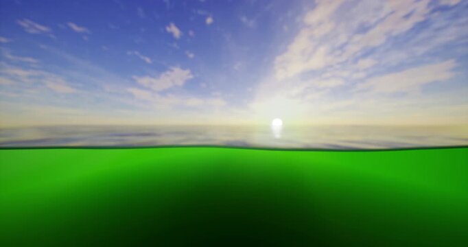 A stunning sunrise illuminates the sky while reflecting on the calm ocean waves at the horizon, with vibrant green land below. The peaceful moment captures natures beauty and serenity.