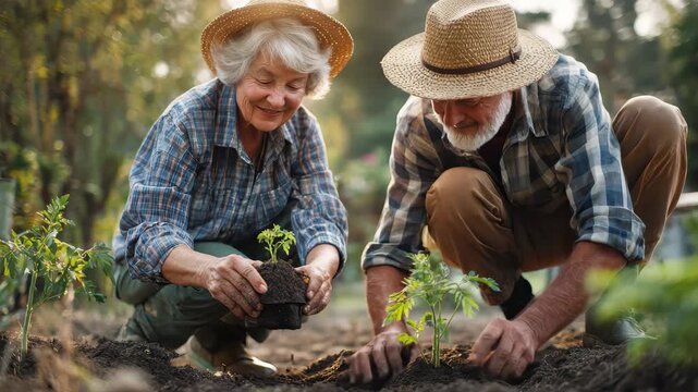 Senior couple enjoys planting in their garden during a sunny afternoon, nurturing young plants for a thriving vegetable patch