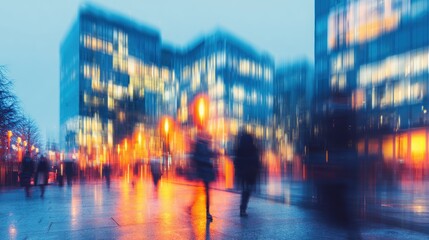 Obraz premium City street at night with blurred figures walking on rainy pavement