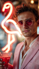 Obraz premium Man with Cocktail Posing Beside Flamingo Neon Light at Bar. Vertical shot
