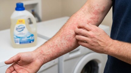 Naklejka premium Man Scratching Severe Red Skin Rash Near Laundry Detergent