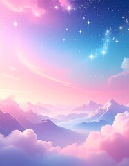 Dreamy Pastel Sky with Mountains and Stars Illustration.