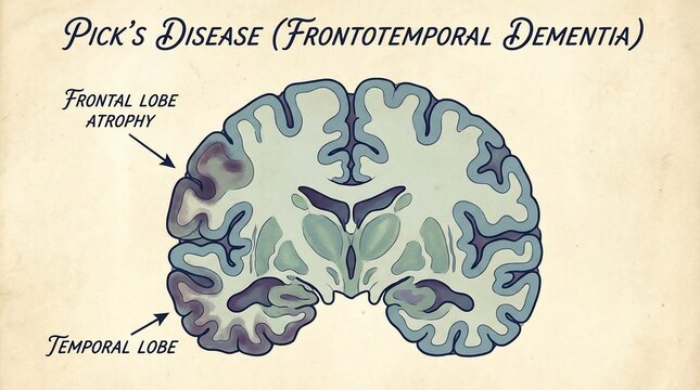 Medical cross section diagram of a brain with frontotemporal dementia