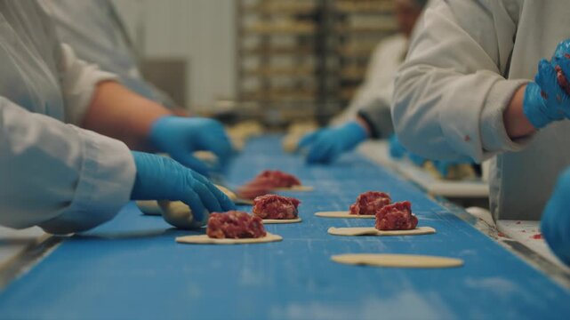 Workers make dumplings, hand-made dumplings on the conveyor, hand-made dumplings