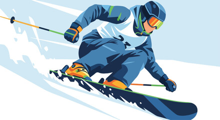 A skier in blue and white ski gear with orange accents skiing down a snowy slope with a dynamic motion blur effect.