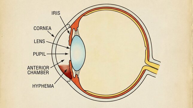 Medical illustration of hyphema affecting the eye anterior chamber