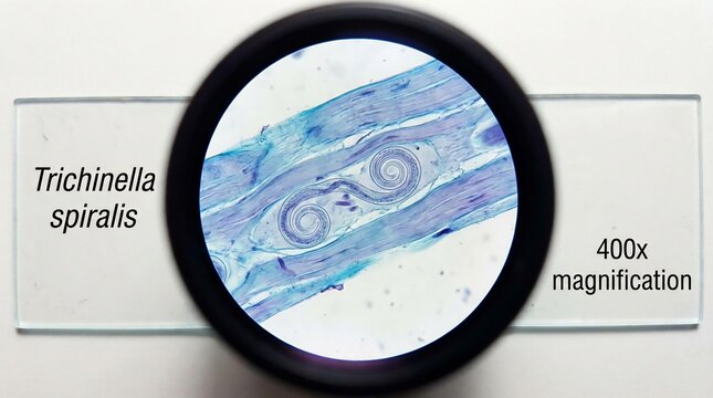 Microscopic view of Trichinella spiralis larvae in muscle tissue