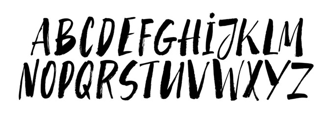 Bold brush drawn capital alphabet letters. Brush drawn font, uppercase typeface for punk or rock and roll design. Typographic distressed vector font with dry brush texture.