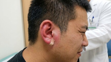 Fototapeta premium Patient with Swollen Red Ear Examined by Doctor in Hospital