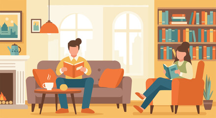 Fototapeta premium Couple reading books in a cozy living room with a fireplace and bookshelves, warm and inviting atmosphere.