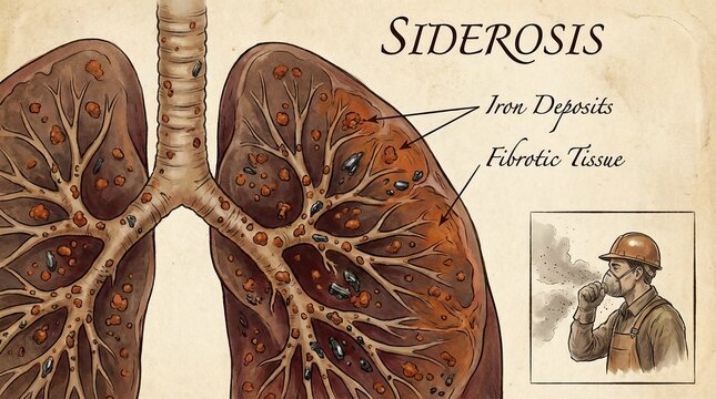 Medical anatomical diagram showing pulmonary siderosis and fibrotic lung tissue