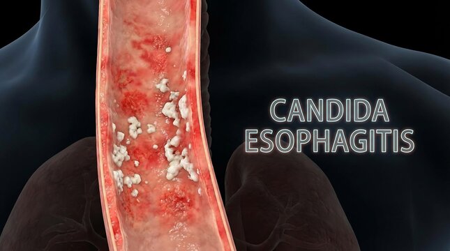 Medical illustration of candida esophagitis showing fungal infection