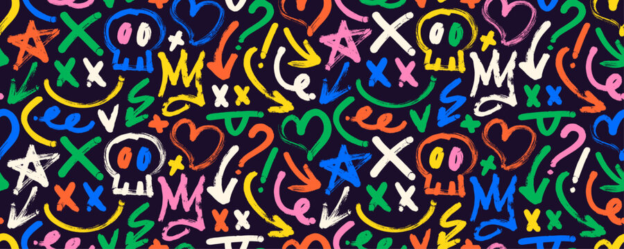 Colorful seamless pattern with bold brush drawn punk symbols. Bold arrows, skull, crown and heart shapes background. Brush drawn punk graffiti background for street art or urban design.