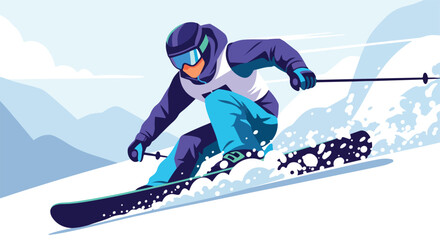 Skier in purple and blue gear skiing down a snowy slope with mountains in the background, captured in a dynamic, colorful illustration.