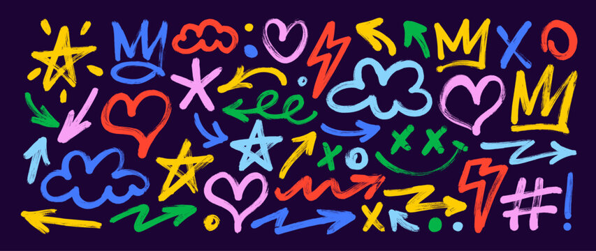 Colorful funky brush drawn shapes. Arrow, crown and stars for urban design. Hand drawn punk doodles, funky bold hip hop stickers. Vector bright colored ink illustration.