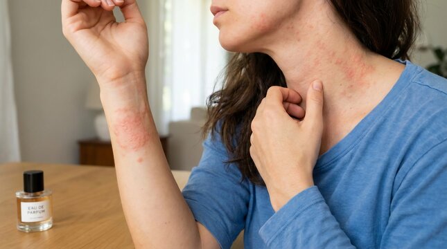 Woman showing skin rash caused by perfume allergic reaction