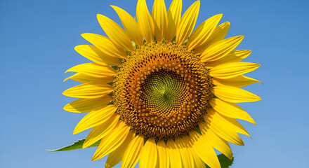 Fototapeta premium Ultra realistic sunflower photo with vibrant yellow petals facing sunlight. Captured outdoors with natural lighting, perfect for happiness, summer, energy, and nature themes.