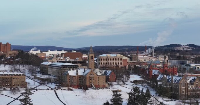Ithaca, NY, USA - January 24, 2026 Winter aerial video of Cornell University, Ithaca, NY with snow on the ground.

