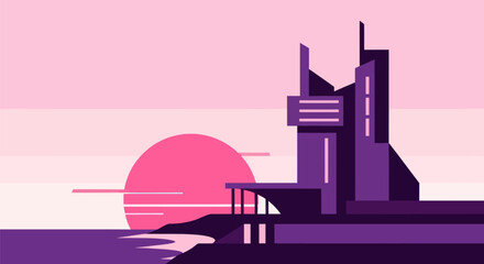Naklejka premium Abstract illustration of a futuristic building with a colorful sunset backdrop