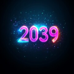 Futuristic Colorful Neon 2039 New Year Greetings Card with Glitter Background and Abstract Design