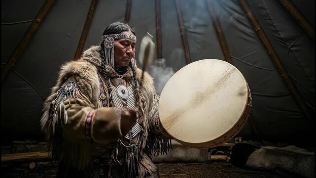 Shamanic drumming in traditional setting with shaman striking the drumhead with a mallet