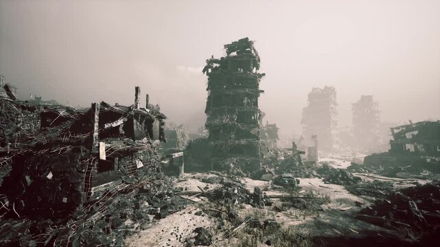 The city lies in ruins, buildings reduced to rubble and debris. Smoke lingers in the air, highlighting the aftermath of the military offensive that destroyed the urban landscape.