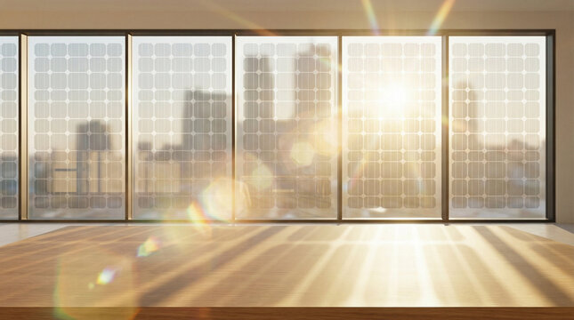 Advanced Green Energy Concepts. Advanced green energy concepts shine through solar panel windows in modern building design