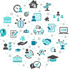 HR / human resources vector illustration. Blue round concept with icons related to personnel or talent management, workplace recruitment / hiring, career development, welcome culture in company.