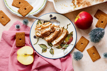 a German dessert made from cookies, apples, mascarpone, and cream. top veiw .selective focus.